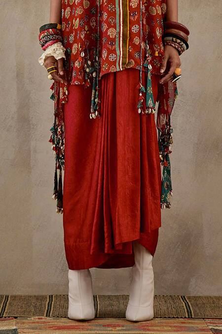Aseem Kapoor_Red Silk, Crepe Embroidery Open Neck, Veni Garden Print Jacket Skirt Set _Online_at_Aza_Fashions