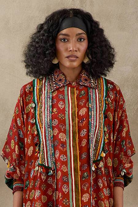 Buy_Aseem Kapoor_Red Silk, Crepe Embroidery Open Neck, Veni Garden Print Jacket Skirt Set _Online_at_Aza_Fashions