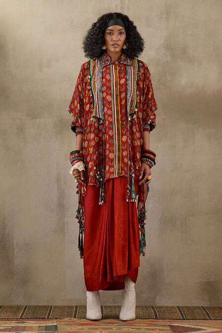 Shop_Aseem Kapoor_Red Silk, Crepe Embroidery Open Neck, Veni Garden Print Jacket Skirt Set _Online_at_Aza_Fashions