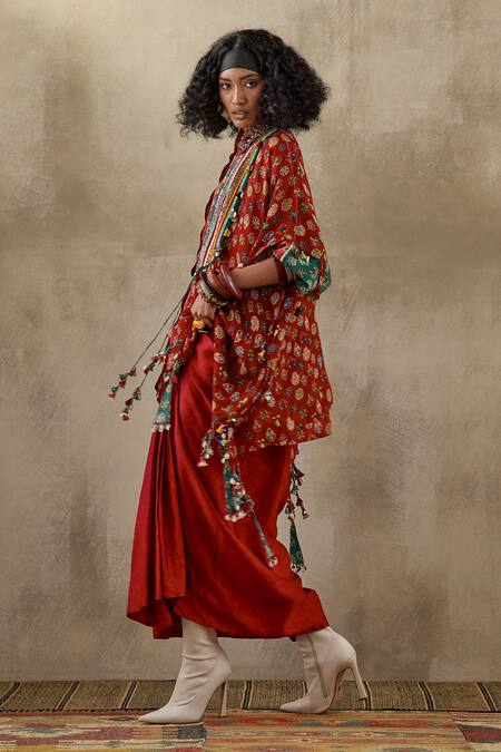 Aseem Kapoor_Red Silk, Crepe Embroidery Open Neck, Veni Garden Print Jacket Skirt Set _at_Aza_Fashions