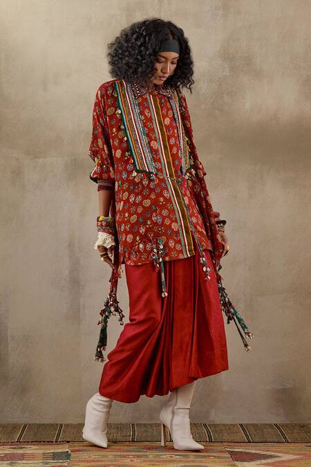 Buy_Aseem Kapoor_Red Silk, Crepe Embroidery Open Neck, Veni Garden Print Jacket Skirt Set 