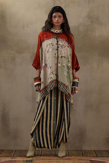 ASEEM KAPOOR Multi Color Natural Crepe Printed Floral Round Kuru Stripe Kurta And Trouser Set 