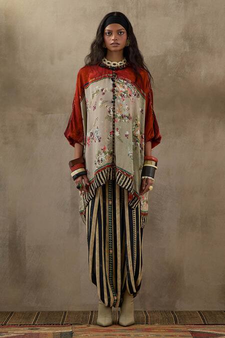 Aseem Kapoor Multi Color Cotton, Crepe Tassels, Kuru Floral Stripe Print Kurta And Trouser Set Online at Aza Fashions Aseem Kapoor_Multi Color Cotton, Crepe Tassels, Kuru Floral Stripe Print Kurta And Trouser Set _Online_at_Aza_Fashions