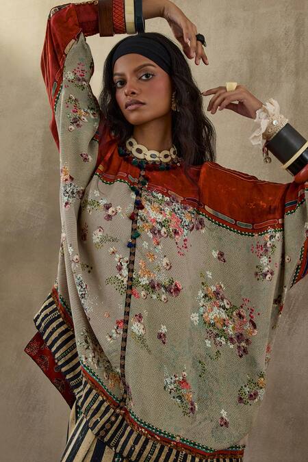 Shop Aseem Kapoor Multi Color Cotton, Crepe Tassels, Kuru Floral Stripe Print Kurta And Trouser Set Online at Aza Fashions Shop_Aseem Kapoor_Multi Color Cotton, Crepe Tassels, Kuru Floral Stripe Print Kurta And Trouser Set _Online_at_Aza_Fashions