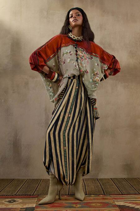 Aseem Kapoor Multi Color Cotton, Crepe Tassels, Kuru Floral Stripe Print Kurta And Trouser Set at Aza Fashions Aseem Kapoor_Multi Color Cotton, Crepe Tassels, Kuru Floral Stripe Print Kurta And Trouser Set _at_Aza_Fashions