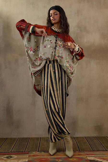 Buy Aseem Kapoor Multi Color Cotton, Crepe Tassels, Kuru Floral Stripe Print Kurta And Trouser Set Buy_Aseem Kapoor_Multi Color Cotton, Crepe Tassels, Kuru Floral Stripe Print Kurta And Trouser Set