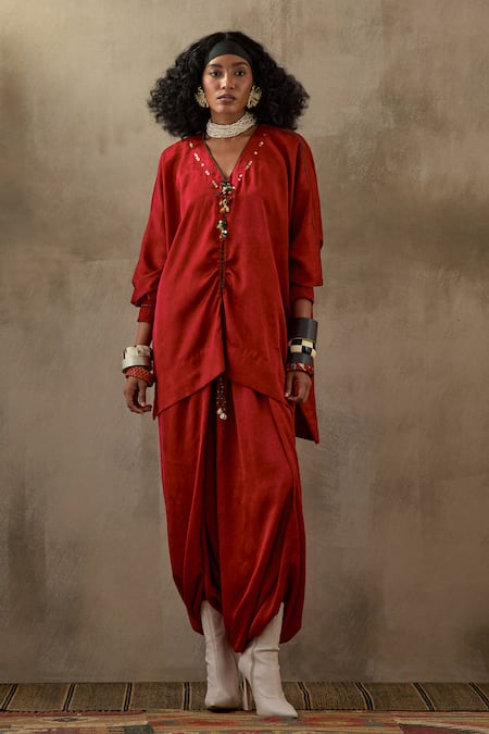 ASEEM KAPOOR Red Crushed Silk Embroidery Tassel V Kuru Neckline Kurta And Draped Trouser Set 