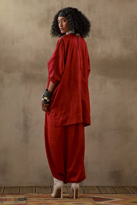Shop Aseem Kapoor Red Crepe, Silk Tassels Kuru Neckline Embroidered Kurta And Draped Trouser Set at Aza Fashions Shop_Aseem Kapoor_Red Crepe, Silk Tassels Kuru Neckline Embroidered Kurta And Draped Trouser Set _at_Aza_Fashions