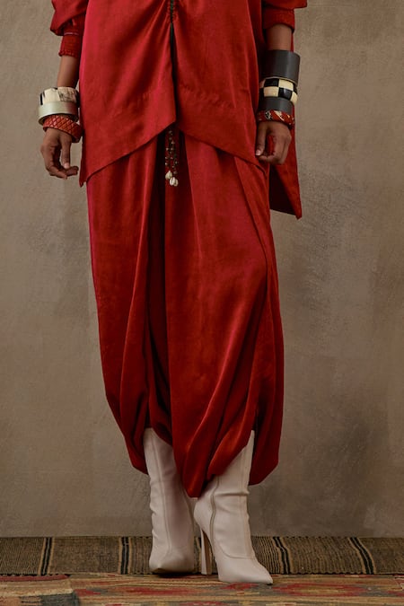 Aseem Kapoor Red Crepe, Silk Tassels Kuru Neckline Embroidered Kurta And Draped Trouser Set Online at Aza Fashions Aseem Kapoor_Red Crepe, Silk Tassels Kuru Neckline Embroidered Kurta And Draped Trouser Set _Online_at_Aza_Fashions