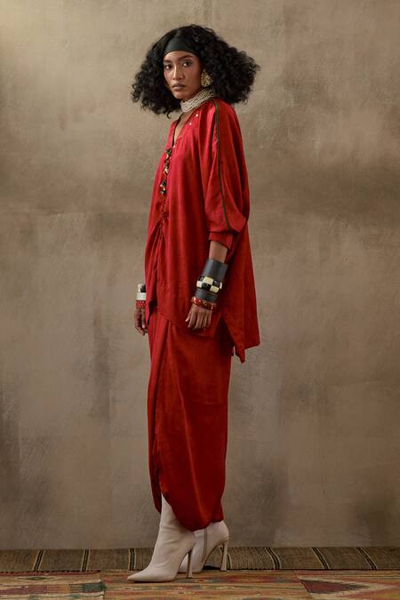 Buy Aseem Kapoor Red Crepe, Silk Tassels Kuru Neckline Embroidered Kurta And Draped Trouser Set Online at Aza Fashions Buy_Aseem Kapoor_Red Crepe, Silk Tassels Kuru Neckline Embroidered Kurta And Draped Trouser Set _Online_at_Aza_Fashions