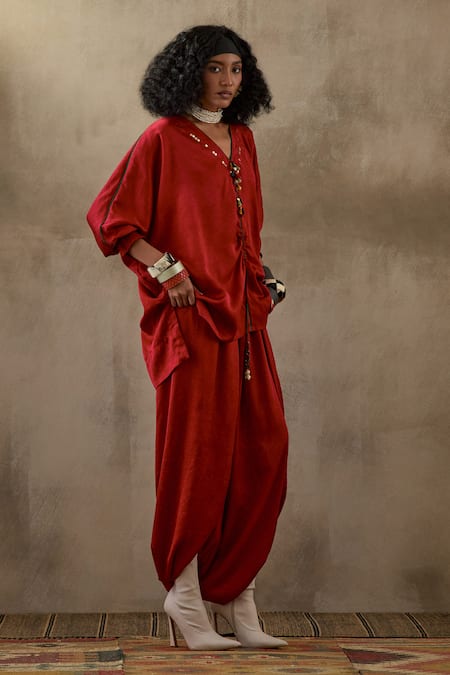 Shop Aseem Kapoor Red Crepe, Silk Tassels Kuru Neckline Embroidered Kurta And Draped Trouser Set Online at Aza Fashions Shop_Aseem Kapoor_Red Crepe, Silk Tassels Kuru Neckline Embroidered Kurta And Draped Trouser Set _Online_at_Aza_Fashions
