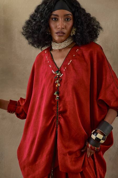 Aseem Kapoor Red Crepe, Silk Tassels Kuru Neckline Embroidered Kurta And Draped Trouser Set at Aza Fashions Aseem Kapoor_Red Crepe, Silk Tassels Kuru Neckline Embroidered Kurta And Draped Trouser Set _at_Aza_Fashions