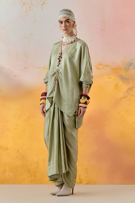 Shop Aseem Kapoor Green Crepe, Silk Tassels V-neck Kuru Embroidered Kurta And Draped Skirt Set Online at Aza Fashions Shop_Aseem Kapoor_Green Crepe, Silk Tassels V-neck Kuru Embroidered Kurta And Draped Skirt Set _Online_at_Aza_Fashions