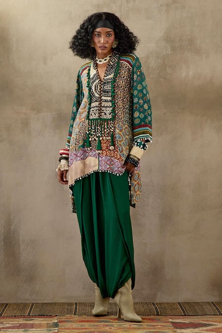 ASEEM KAPOOR Multi Color Natural Crepe Printed Geometric V Mitra Kurta And Draped Trouser Set 