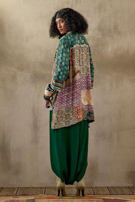 Shop Aseem Kapoor Multi Color Crepe Tassels, Mitra Geometric Print Kurta And Draped Trouser Set at Aza Fashions Shop_Aseem Kapoor_Multi Color Crepe Tassels, Mitra Geometric Print Kurta And Draped Trouser Set _at_Aza_Fashions