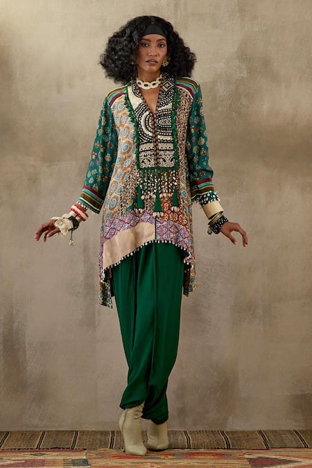 Aseem Kapoor Multi Color Crepe Tassels, Mitra Geometric Print Kurta And Draped Trouser Set Online at Aza Fashions Aseem Kapoor_Multi Color Crepe Tassels, Mitra Geometric Print Kurta And Draped Trouser Set _Online_at_Aza_Fashions