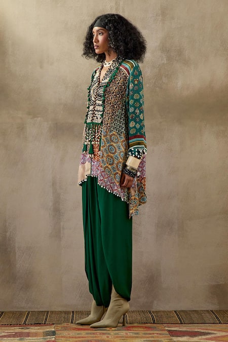 Buy Aseem Kapoor Multi Color Crepe Tassels, Mitra Geometric Print Kurta And Draped Trouser Set Online at Aza Fashions Buy_Aseem Kapoor_Multi Color Crepe Tassels, Mitra Geometric Print Kurta And Draped Trouser Set _Online_at_Aza_Fashions