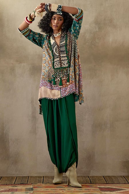 Aseem Kapoor Multi Color Crepe Tassels, Mitra Geometric Print Kurta And Draped Trouser Set at Aza Fashions Aseem Kapoor_Multi Color Crepe Tassels, Mitra Geometric Print Kurta And Draped Trouser Set _at_Aza_Fashions