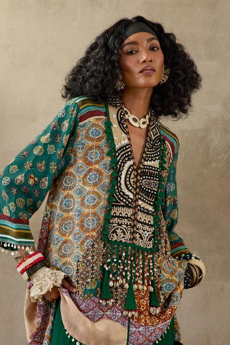 Buy Aseem Kapoor Multi Color Crepe Tassels, Mitra Geometric Print Kurta And Draped Trouser Set Buy_Aseem Kapoor_Multi Color Crepe Tassels, Mitra Geometric Print Kurta And Draped Trouser Set