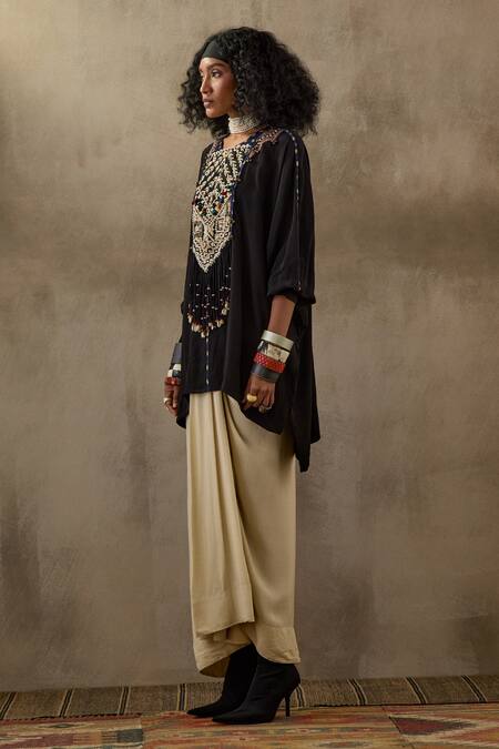 Aseem Kapoor Black Crepe Beads, Tassels Kuru Yoke Embroidered Kurta And Draped Skirt Set Online at Aza Fashions Aseem Kapoor_Black Crepe Beads, Tassels Kuru Yoke Embroidered Kurta And Draped Skirt Set _Online_at_Aza_Fashions