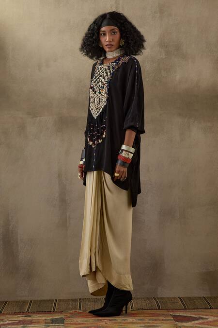 Buy Aseem Kapoor Black Crepe Beads, Tassels Kuru Yoke Embroidered Kurta And Draped Skirt Set Online at Aza Fashions Buy_Aseem Kapoor_Black Crepe Beads, Tassels Kuru Yoke Embroidered Kurta And Draped Skirt Set _Online_at_Aza_Fashions