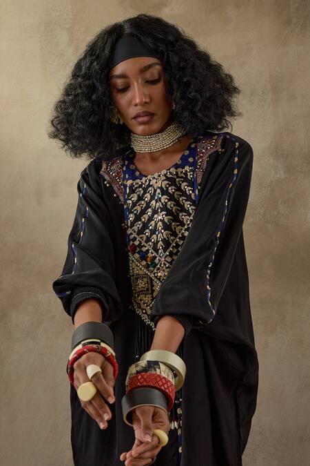 Shop Aseem Kapoor Black Crepe Beads, Tassels Kuru Yoke Embroidered Kurta And Draped Skirt Set Shop_Aseem Kapoor_Black Crepe Beads, Tassels Kuru Yoke Embroidered Kurta And Draped Skirt Set