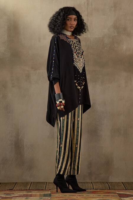 Shop Aseem Kapoor Black Crepe Beads, Tassels, Crystals, Embroidery Thread Kurta And Trouser Set Online at Aza Fashions Shop_Aseem Kapoor_Black Crepe Beads, Tassels, Crystals, Embroidery Thread Kurta And Trouser Set _Online_at_Aza_Fashions