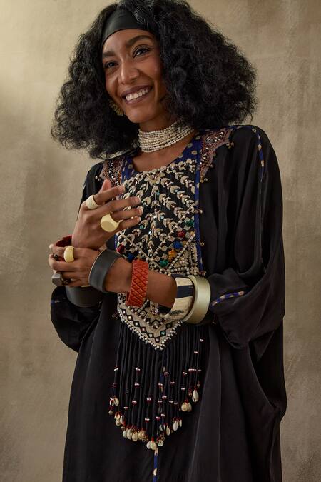 Aseem Kapoor Black Crepe Beads, Tassels, Crystals, Embroidery Thread Kurta And Trouser Set at Aza Fashions Aseem Kapoor_Black Crepe Beads, Tassels, Crystals, Embroidery Thread Kurta And Trouser Set _at_Aza_Fashions