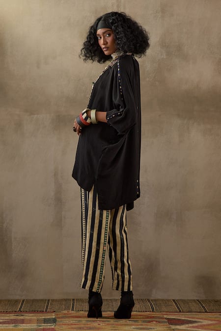 Buy Aseem Kapoor Black Crepe Beads, Tassels, Crystals, Embroidery Thread Kurta And Trouser Set Buy_Aseem Kapoor_Black Crepe Beads, Tassels, Crystals, Embroidery Thread Kurta And Trouser Set