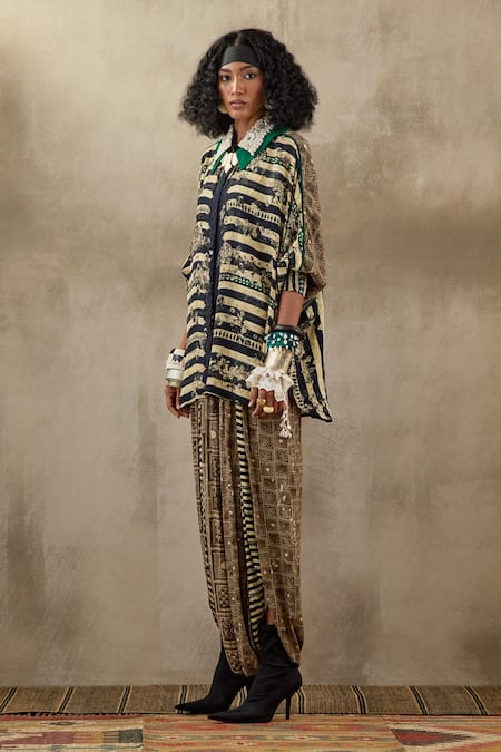 Shop Aseem Kapoor Beige Crepe, Cotton Embroidery Collared Floral Batwing Sleeve Shirt Set Online at Aza Fashions Shop_Aseem Kapoor_Beige Crepe, Cotton Embroidery Collared Floral Batwing Sleeve Shirt Set _Online_at_Aza_Fashions