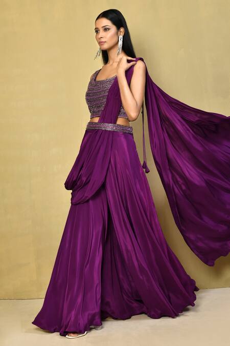 Buy_Samyukta Singhania_Purple Silk, Crepe Pearls, Cut Work Square Palazzo Saree With Embroidered Blouse
