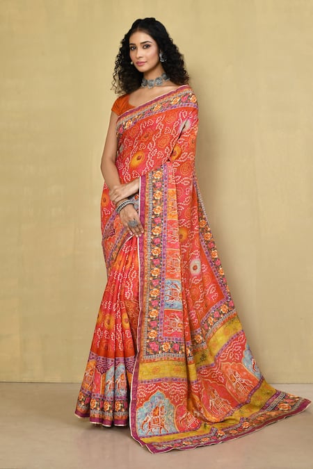 Shop_Samyukta Singhania_Orange Silk Embroidery, Zari Bandhani And Animal Print Saree With Running Blouse_Online_at_Aza_Fashions