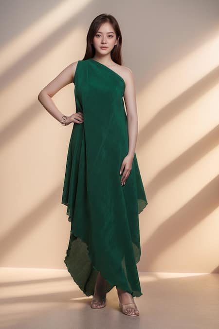 Khwaab by Sanjana Lakhani Green Chinon Plain Asymmetric Neck Tiana Hem Solid Dress 