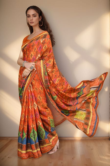 Khwaab by Sanjana Lakhani Orange Pure Digital Printed Floral And Geometric Saree With Running Blouse 