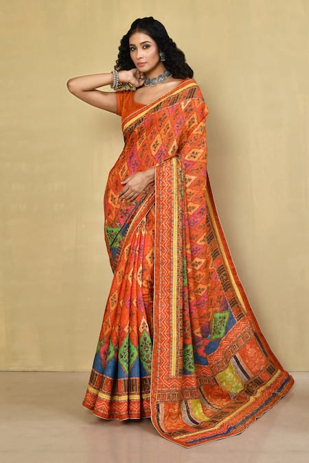 Shop_Samyukta Singhania_Orange Silk, Jacquard Floral And Geometric Print Saree With Running Blouse_Online_at_Aza_Fashions