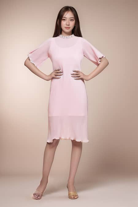 Khwaab by Sanjana Lakhani Pink Chinon Textured Pleated Band Collar Twinkle Flared Sleeve Dress 