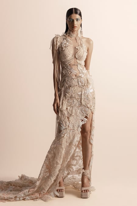 Abhishek Sharma Ivory Net Crepe Embroidered Beads Halter 3d Floral Gown 