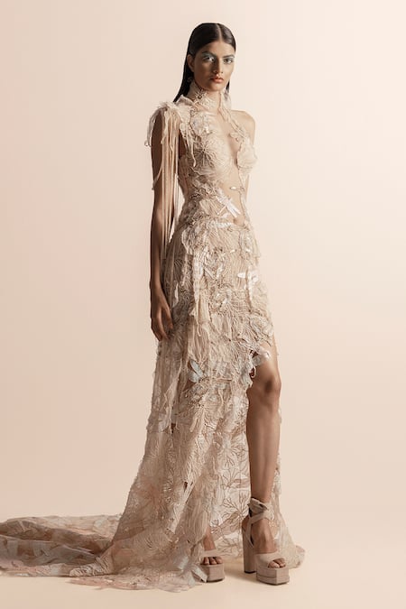Abhishek Sharma Ivory 3D Floral Beaded Net Crepe Gown 