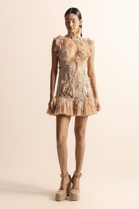 Abhishek Sharma Beige Net Crepe Embroidered Beads High Ruffle Short Dress 