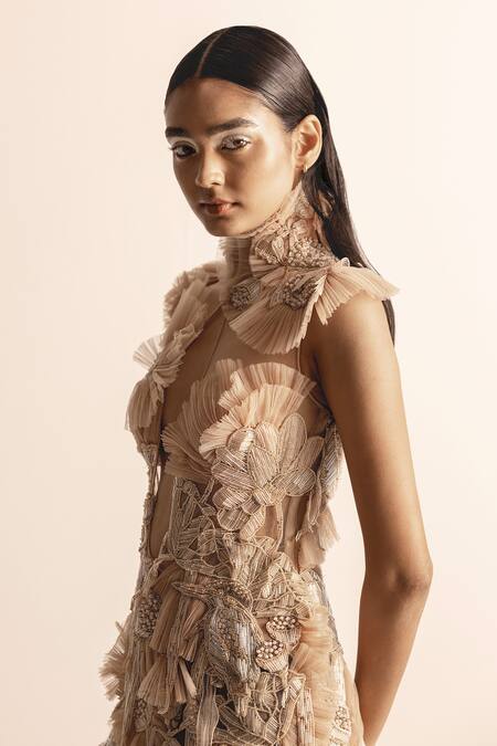 Shop Abhishek Sharma Beige Net, Crepe Beads Keyhole Neck Embroidered Ruffle Short Dress Online at Aza Fashions Shop_Abhishek Sharma_Beige Net, Crepe Beads Keyhole Neck Embroidered Ruffle Short Dress _Online_at_Aza_Fashions