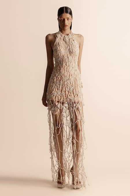 Abhishek Sharma Ivory Net Crepe Embellished Stones Halter Web Maxi Dress 