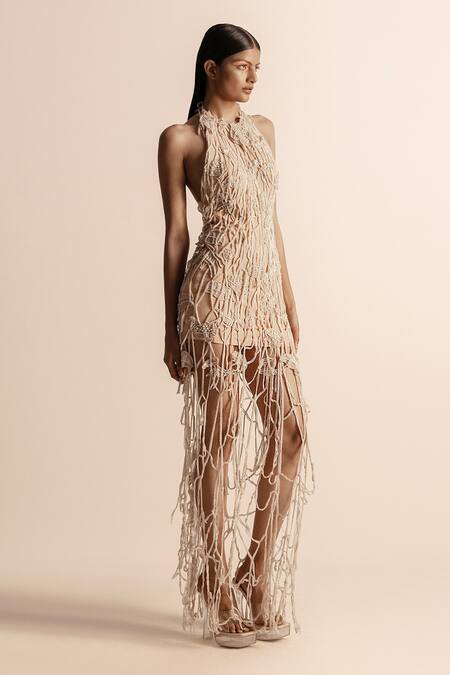 Abhishek Sharma_Ivory Net, Crepe Pearls, Stones Halter Neck Embellished Web Maxi Dress _Online_at_Aza_Fashions