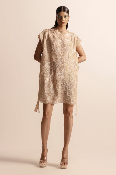 Abhishek Sharma Ivory Net Crepe Embellished Beads Boat Sequin And Embroidered Shift Dress 