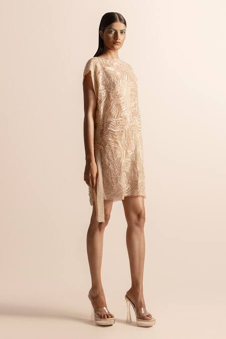 Abhishek Sharma_Ivory Net, Crepe Beads, Sequins Boat Neck And Embroidered Shift Dress _Online_at_Aza_Fashions