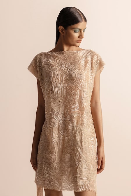 Shop_Abhishek Sharma_Ivory Net, Crepe Beads, Sequins Boat Neck And Embroidered Shift Dress _Online_at_Aza_Fashions