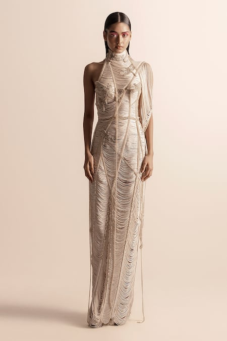 Abhishek Sharma Ivory Net Crepe Embellished Beads Halter Dragonfly Dress 