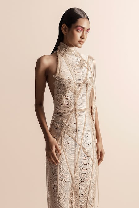 Buy_Abhishek Sharma_Ivory Net, Crepe Beads Halter Neck Dragonfly Embellished Dress _Online_at_Aza_Fashions