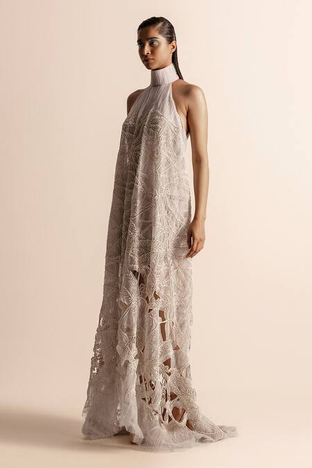 Abhishek Sharma_Blue Net, Crepe Pearls, Cut Work Halter Neck Embroidered A-line Draped Dess _Online_at_Aza_Fashions