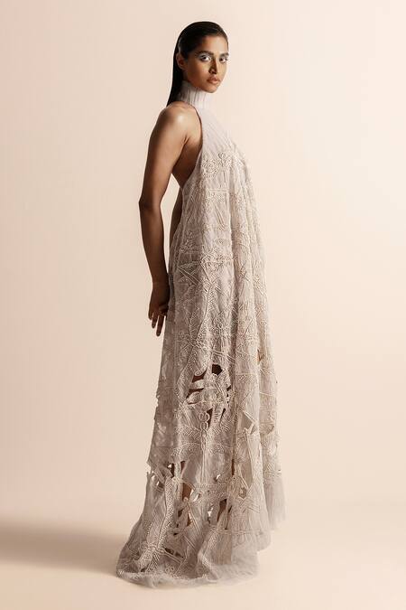 Buy_Abhishek Sharma_Blue Net, Crepe Pearls, Cut Work Halter Neck Embroidered A-line Draped Dess _Online_at_Aza_Fashions