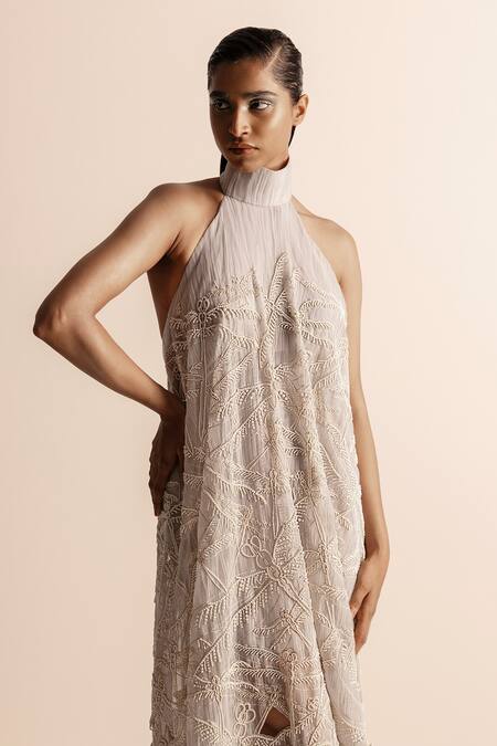 Shop_Abhishek Sharma_Blue Net, Crepe Pearls, Cut Work Halter Neck Embroidered A-line Draped Dess _Online_at_Aza_Fashions